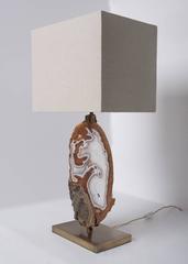Table Lamp, Brazilian Agate Slab, Brushed Brass Base with Beige Linen Shade