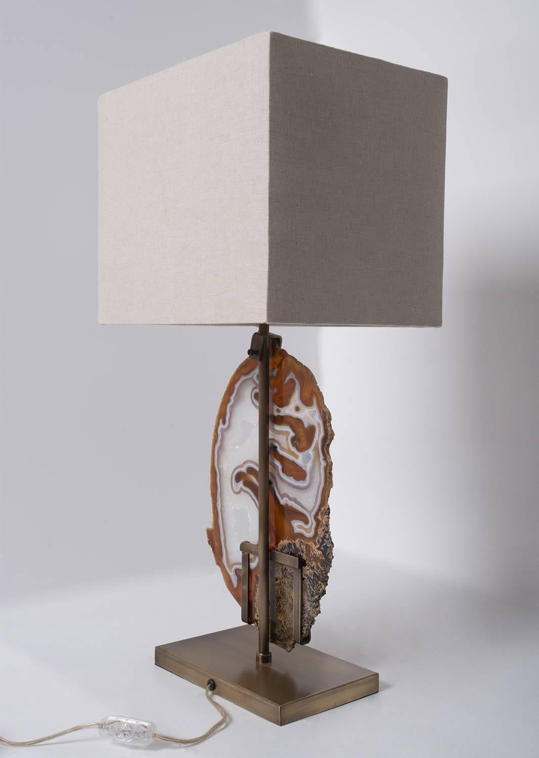 Mexican Table Lamp, Brazilian Agate Slab, Brushed Brass Base with Beige Linen Shade