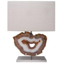 White and Brown Agate Lamp, Brass with Nickel Finish Base, Beige Linen Shade