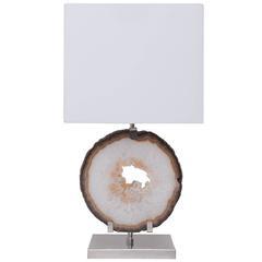 Table Lamp, White Agate, Brass with Plated Finish Base with White Linen Shade