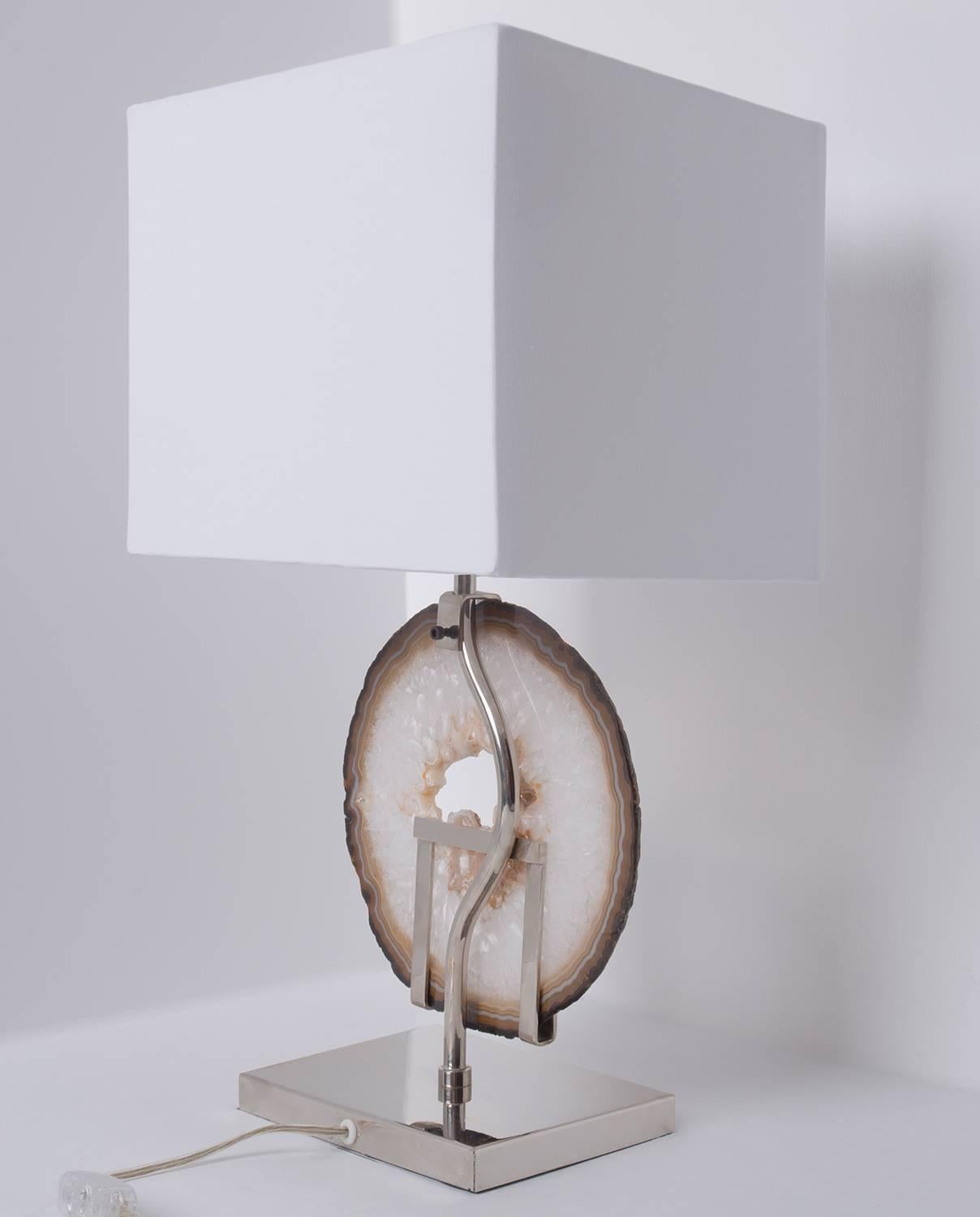 Mexican Table Lamp, White Agate, Brass with Plated Finish Base with White Linen Shade