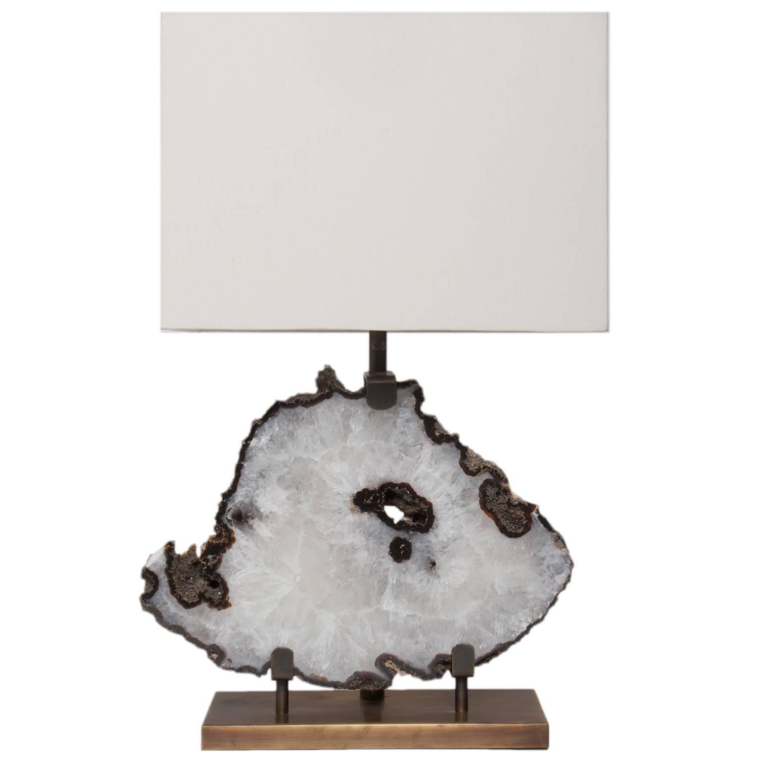 Table Lamp in Brazilian White Agate, Brass Brushed Base with White Linen Shade