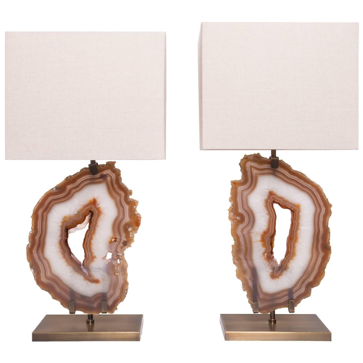 Pair of Brazilian Agate Table Lamps, Brushed Brass Base with Beige Linen Shade
