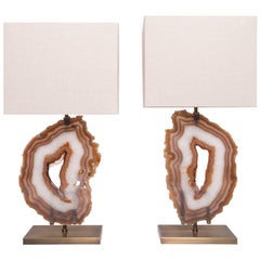 Pair of Brazilian Agate Table Lamps, Brushed Brass Base with Beige Linen Shade