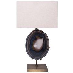 Table Lamp in Brazilian Agate, Brushed Brass Base with Beige Linen Shade