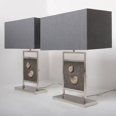 Ammonite Pair of Lamps Black Stone, Brass with Nickel Finish Base
