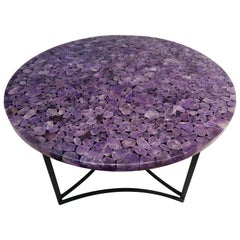 Round Center Table, Madagascar Amethyst Gemstone, Metal Black Powder Coated Base