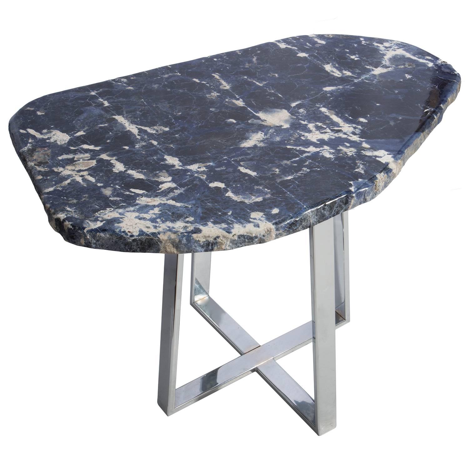 Side Table Brazilian Sodalite Natural Form Slab with Metal Plated Base
