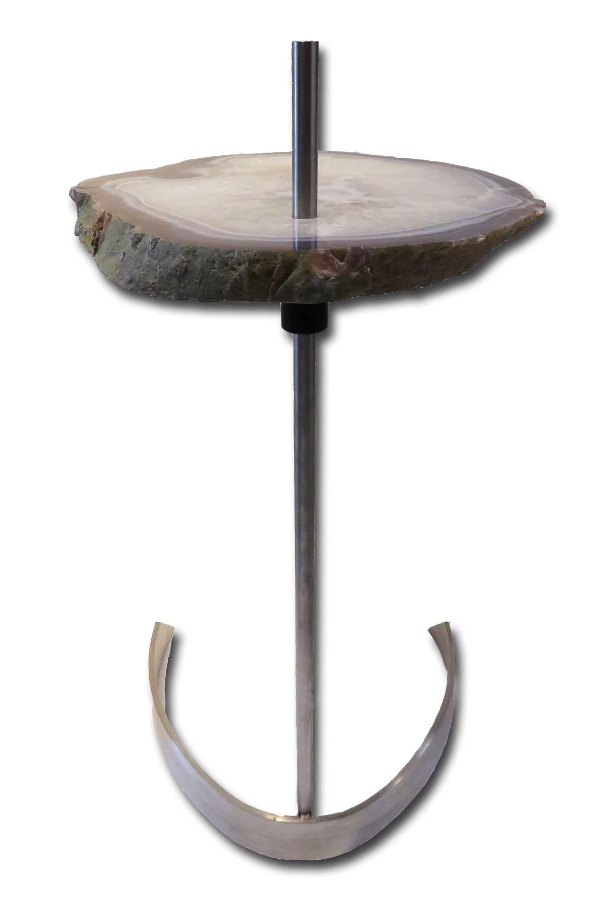 Organic Modern Side or Cocktail Table, Brazilian Agate, Adjustable Height Stainless Steel Base