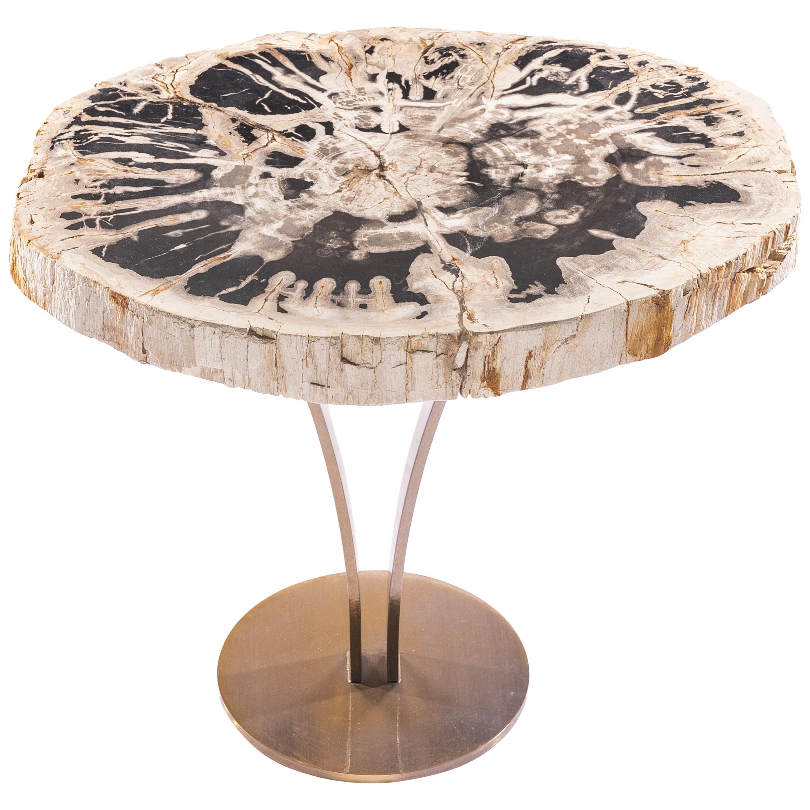 Side or Cocktail Table, Petrified Wood Top with Gold Color Metal Base