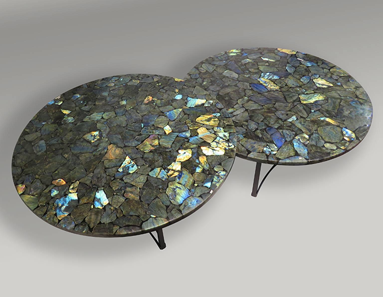 These center tables are made in a unique material. Labradorite it’s considered an unusual mineral, it displays a beautiful iridescent play of colors caused by internal fractures that reflect light back and forth dispersing it into different colors.