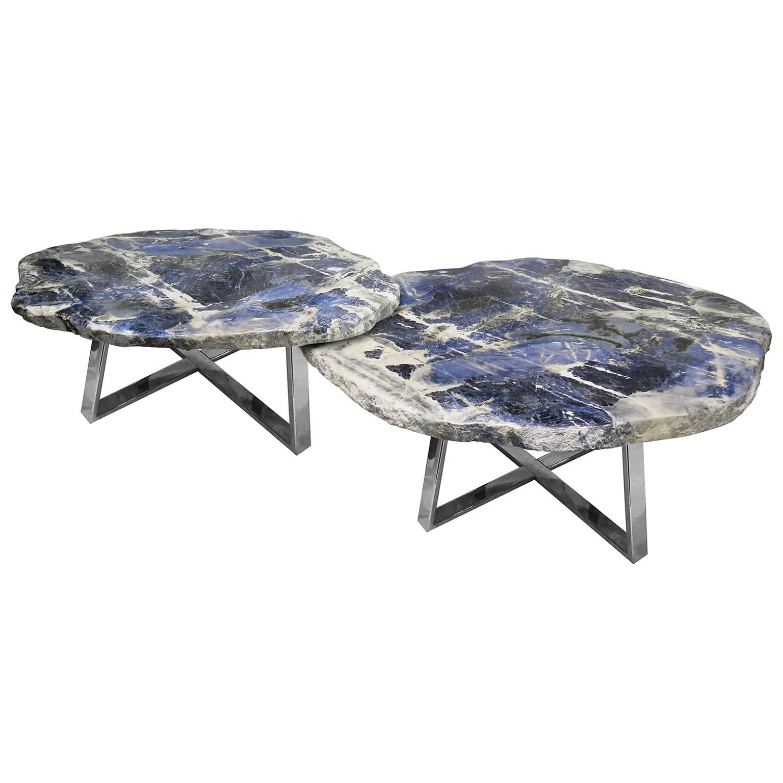 Pair of Center Tables of Brazilian Sodalite Natural Form, Metal-Plated Base