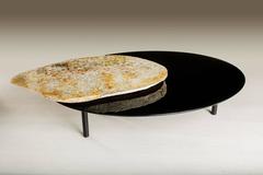 Center Table, Brazilian Agate Rotating Slab on Black Tempered Glass