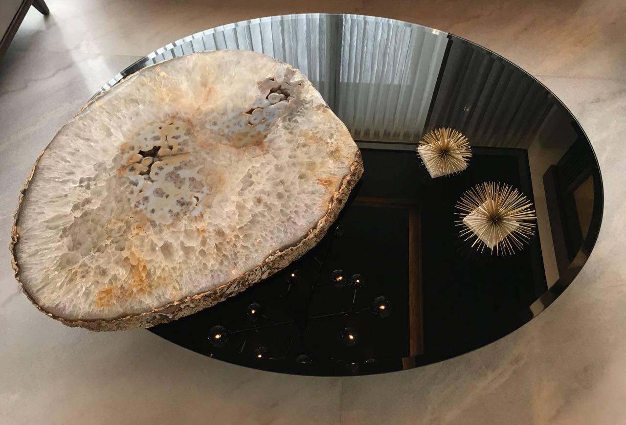 Painted Center Table, Brazilian Agate Rotating Slab on Black Tempered Glass