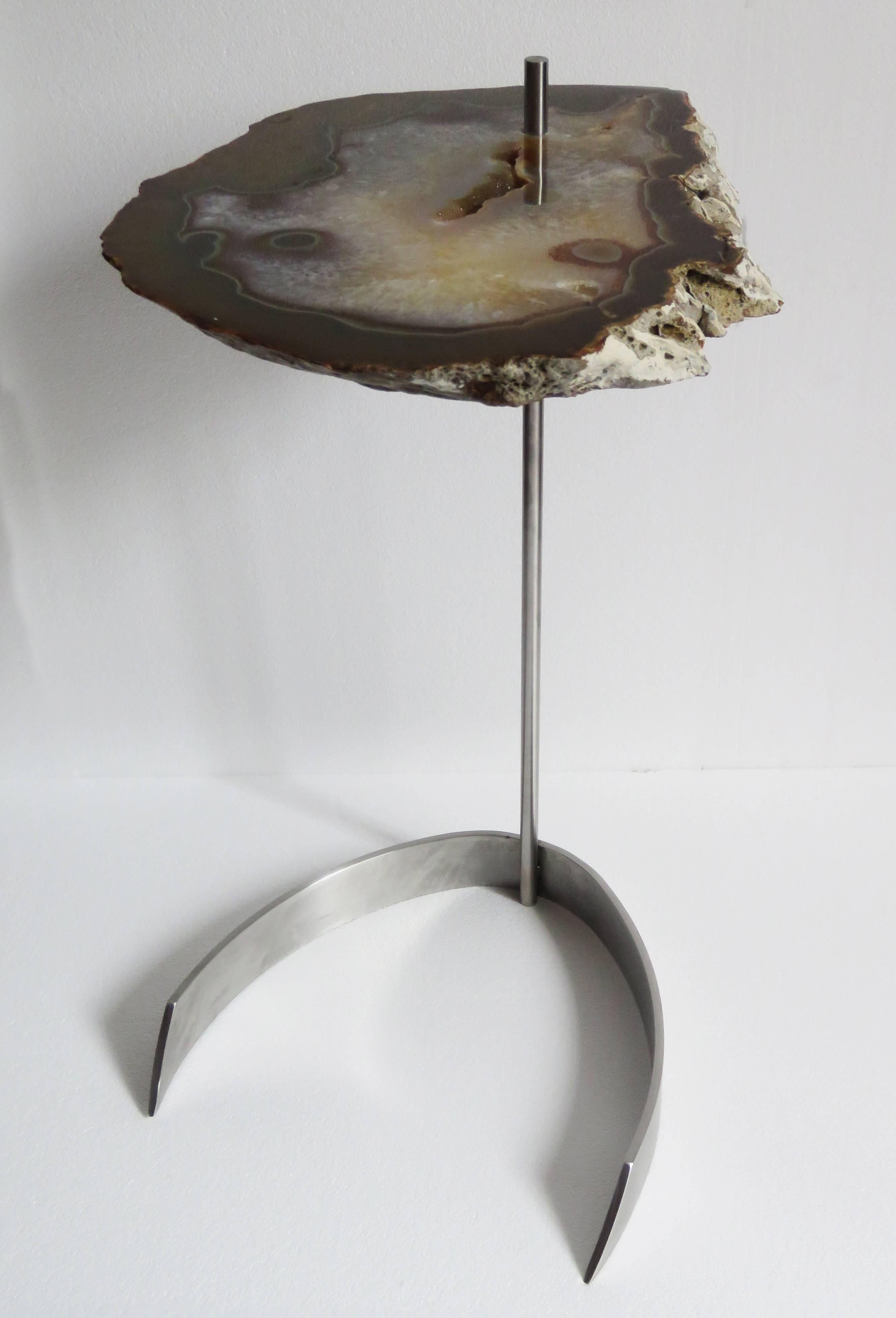 Organic Modern Brazilian Agate Adjustable Height Side or Cocktail Table, Stainless Steel Base