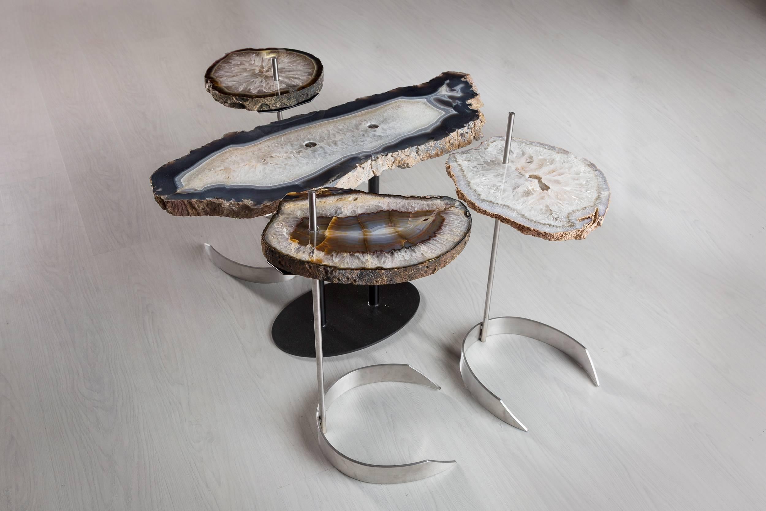 Polished Side or Cocktail Table, Brazilian Agate, Adjustable Height Stainless Steel Base