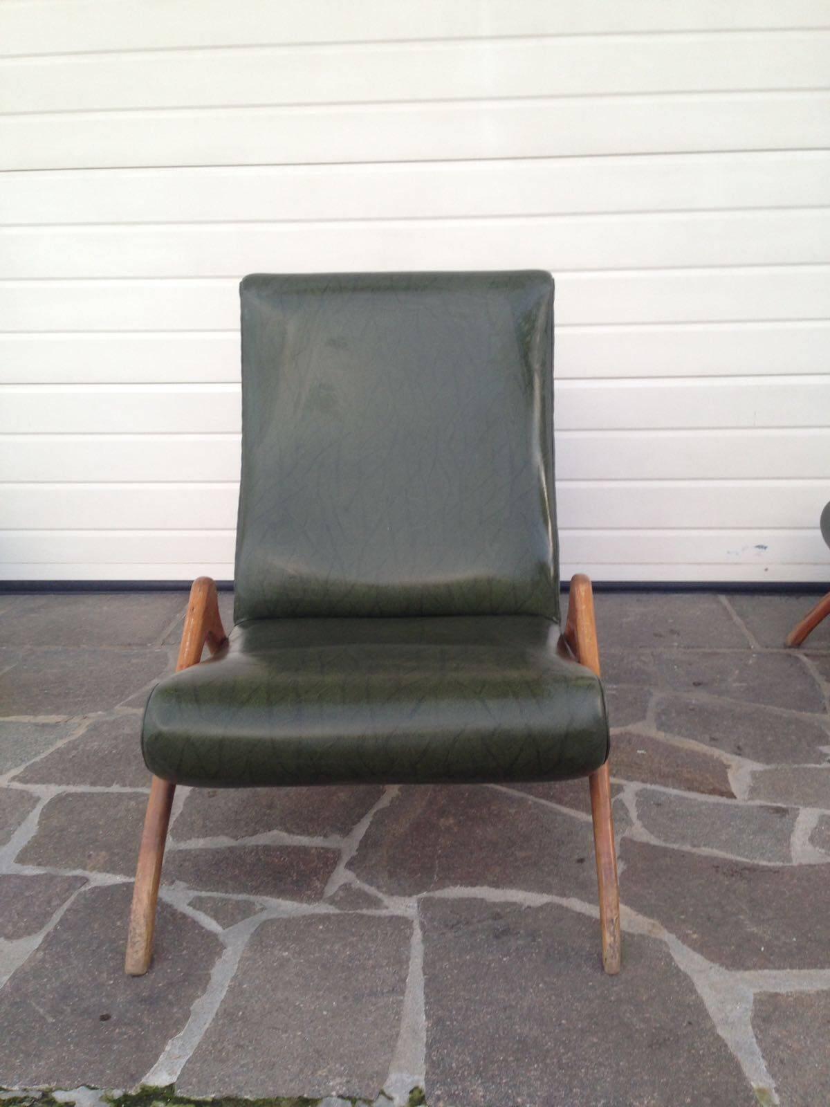 Vintage stunning armchair or chaise longue in style of Carlo Mollino / Guglielmo Ulrich / Antonino Gorgone. Made in Italy, 1950 period. Faux dark green leather. Good vintage condition. Original upholstery. There are available two pieces. The price