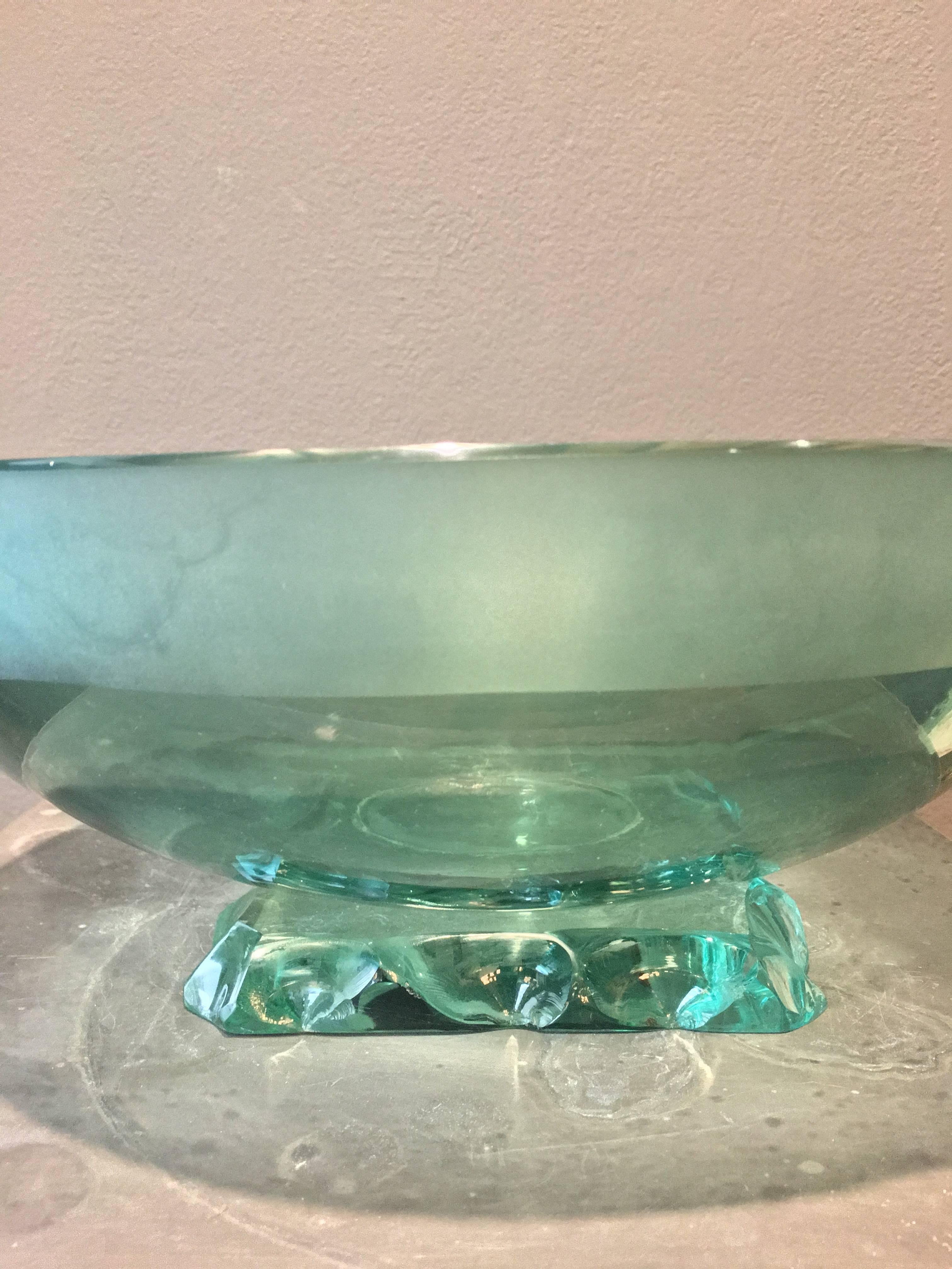 Faceted Fontana Arte Pietro Chiesa Green Glass Vintage Bowl, 20th Century For Sale