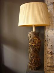 Antique Golden Wood Torchon Table Lamp Carved Column Grape Branch Embossed