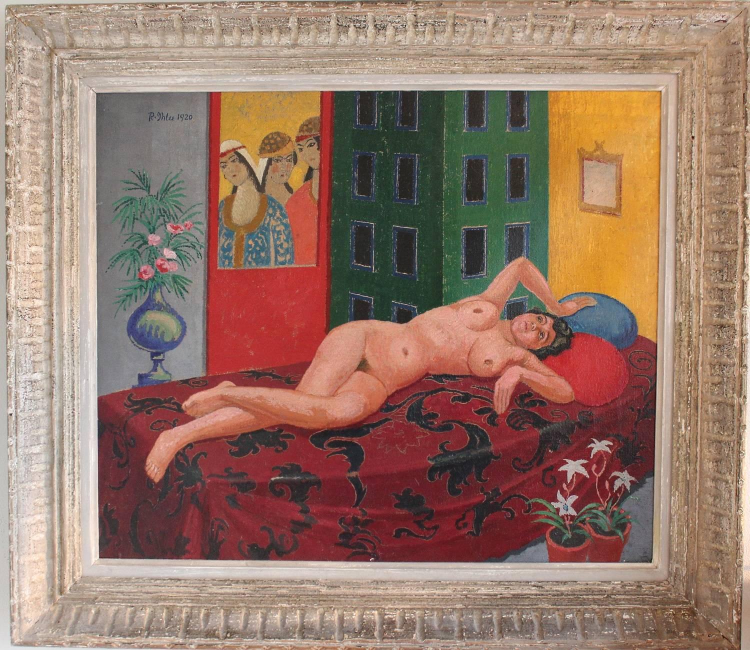 'Reclining Nude', an oil on canvas painting by Rudolph Ihlee (1883-1968). Ihlee was a painter and draughtsman, who was born in London. He studied at the Slade School of Fine Arts in 1906-1910 where he was awarded a number of prizes for his