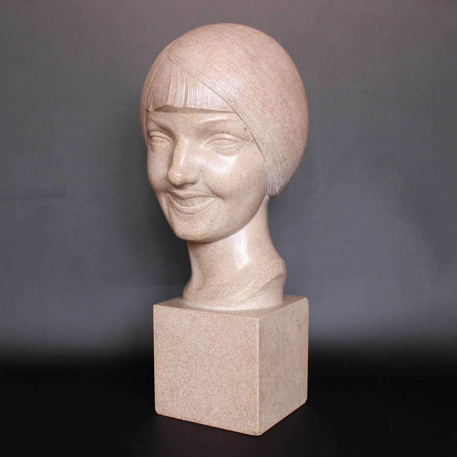 Hand-Carved Art Deco Stone Bust