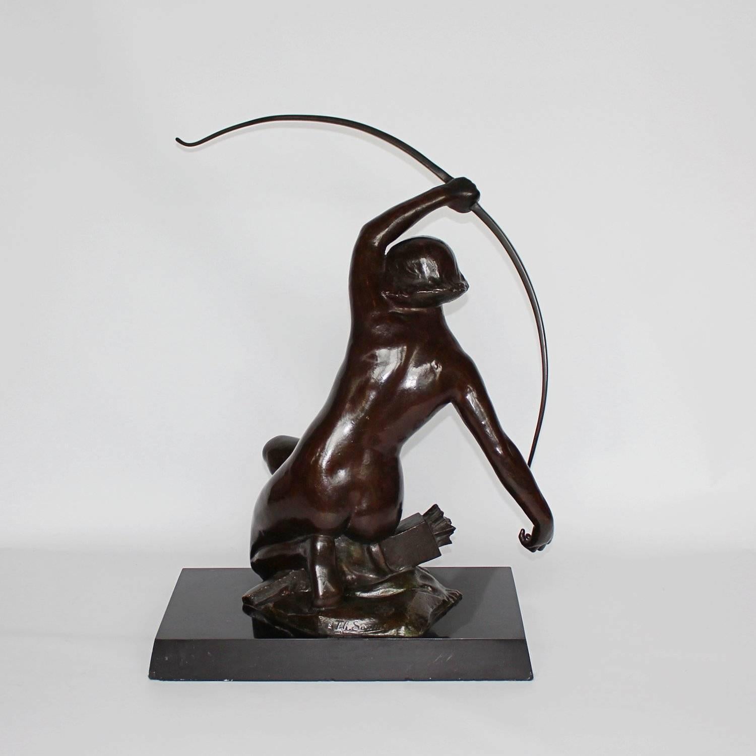 Diana, a richly patinated bronze study of Diana the Huntress, set over a marble plinth. Signed TH Somms to bronze and stamped with foundry mark.

 