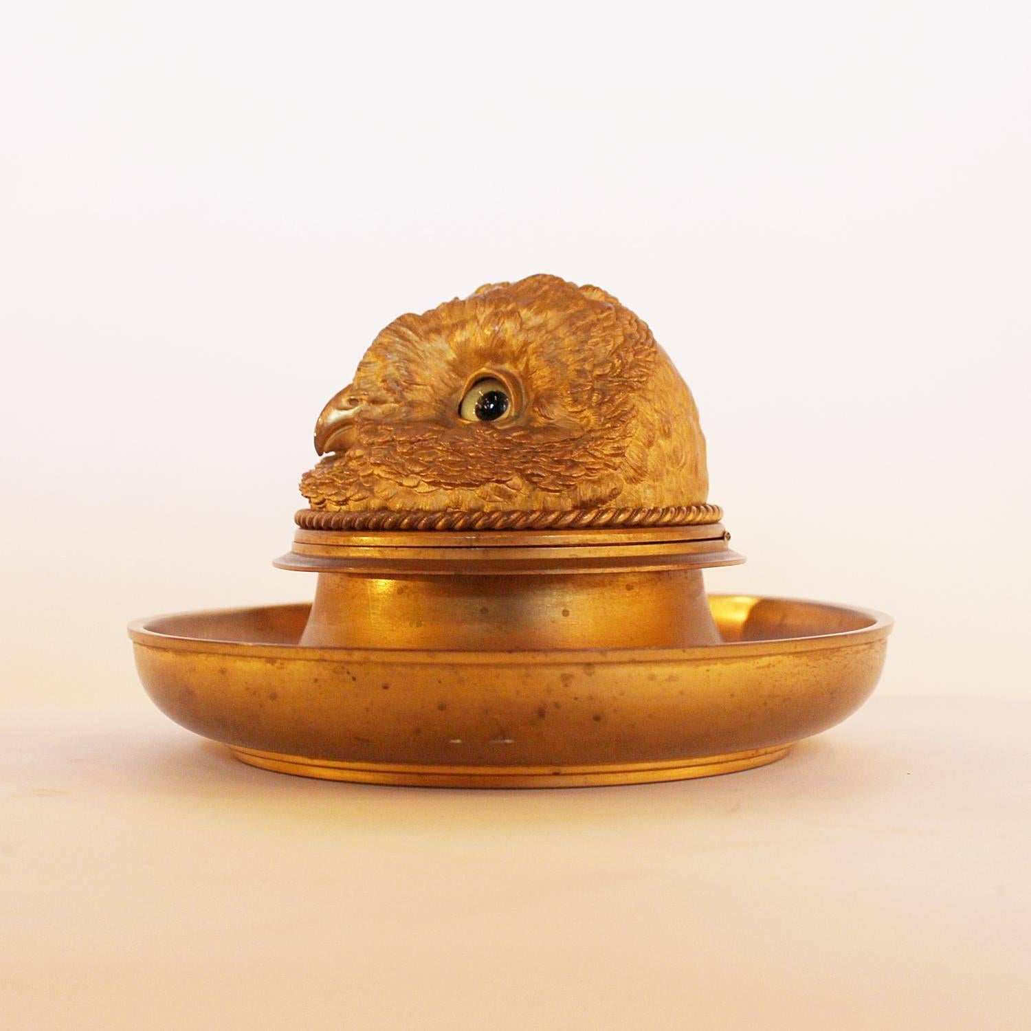 Victorian Gilt Bronze Owl Head Inkwell