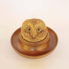 Gilt Bronze Owl Head Inkwell