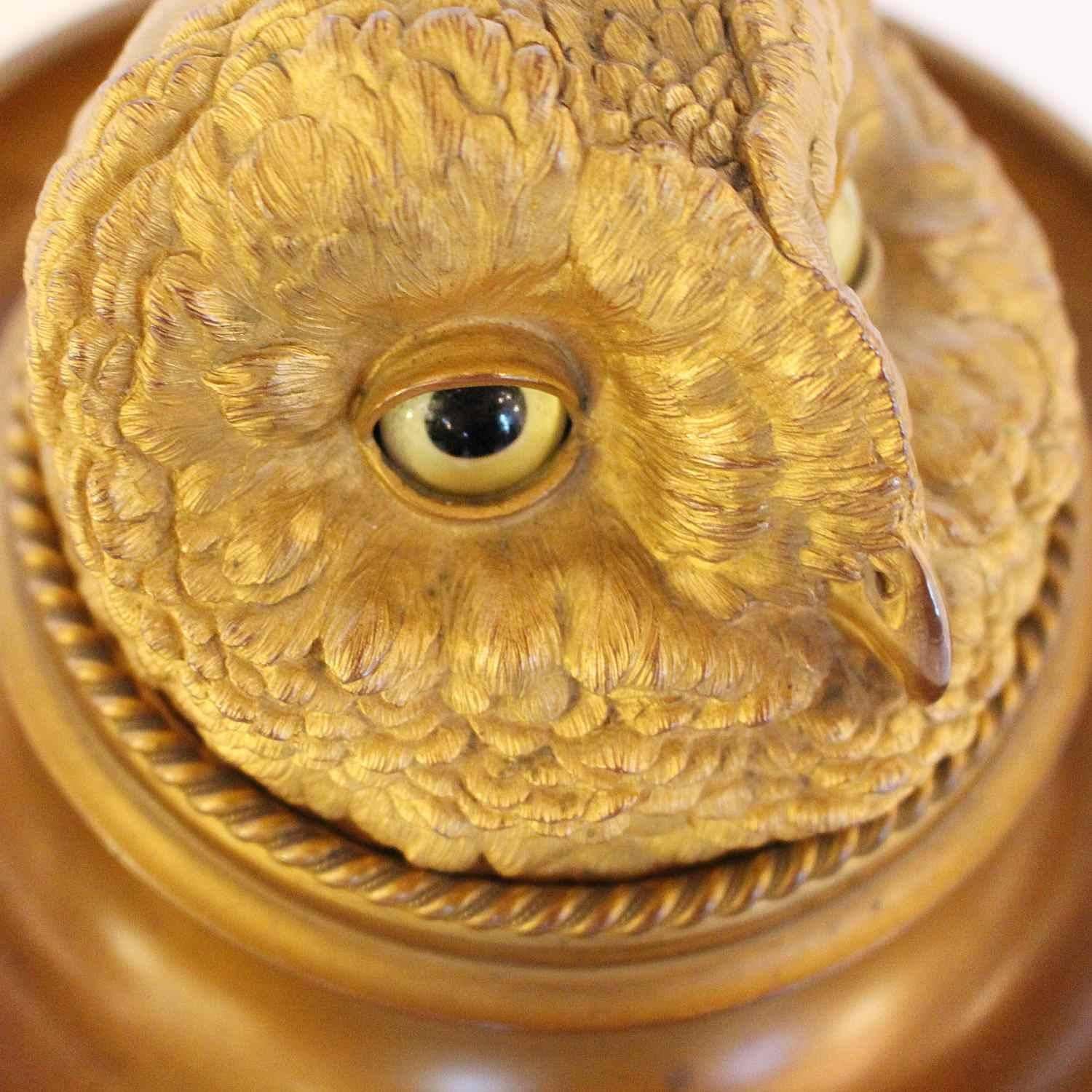 Late 19th Century Gilt Bronze Owl Head Inkwell