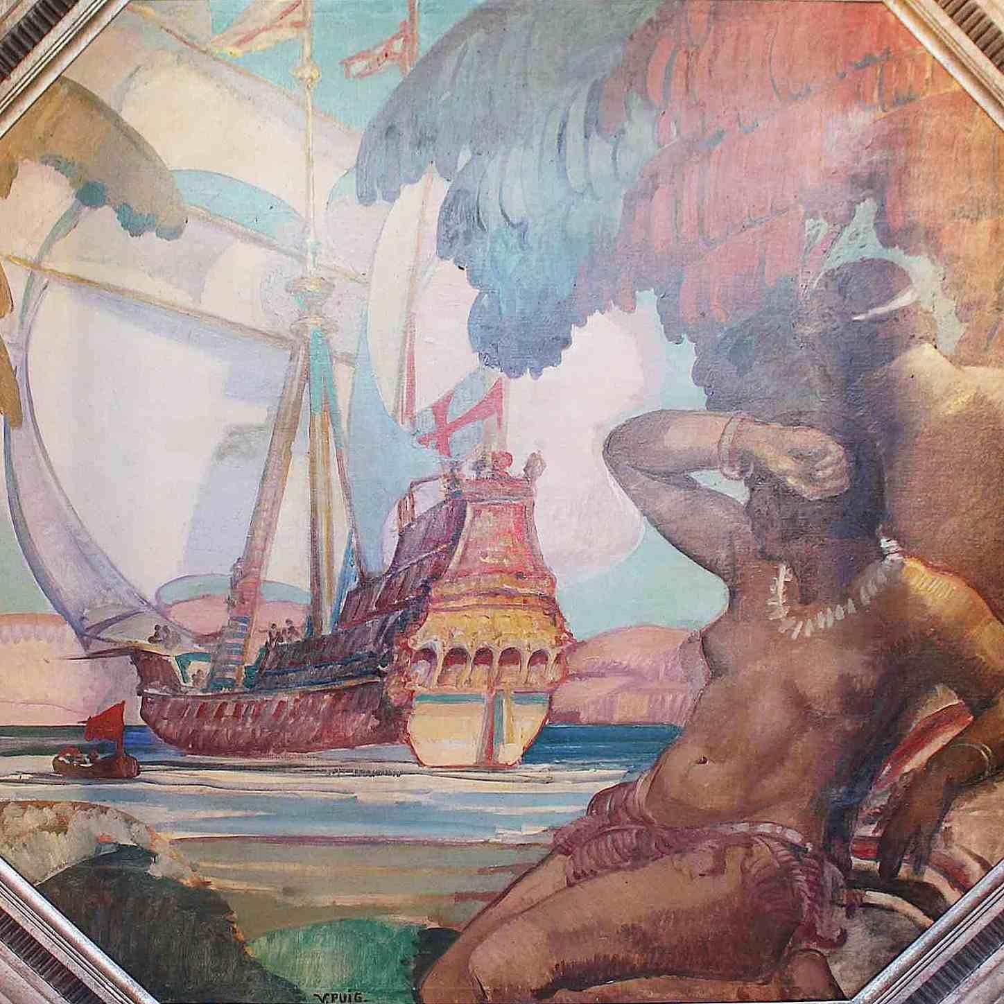 'Arrival', a large Art Deco painting depicting the arrival of the first explorers to the Americas. Oil on canvas with carved, gilt and ebonised wood frame.
Artist: Vicente Puig (1882-1965)
