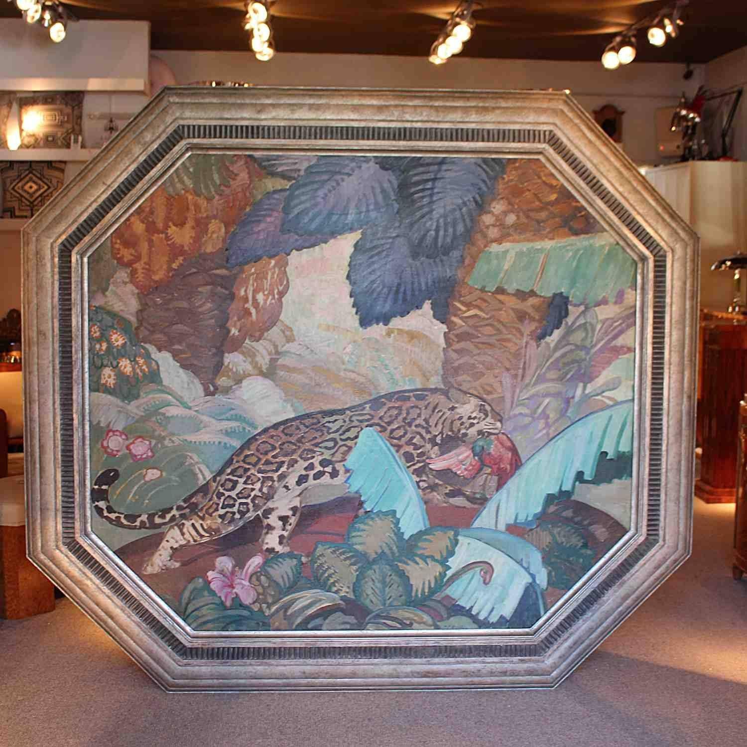 'Jaguar', a large Art Deco painting depicting a jaguar hunting in the jungle. Oil on canvas with carved, gilt and ebonized wood frame.

Artist: Vicente Puig (1882-1965).

 
