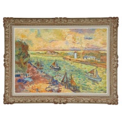 Large Post Impressionist Painting 'Port of Hon Fleur' by Henri Saada 1963