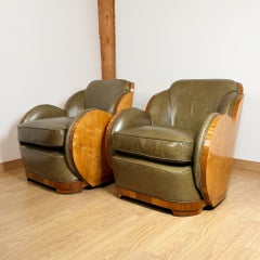 A Pair of Art Deco 'Cloud' Lounge Chairs Burr Ash and Green Leather