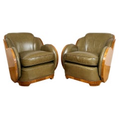 A Pair of Art Deco 'Cloud' Lounge Chairs Burr Ash and Green Leather
