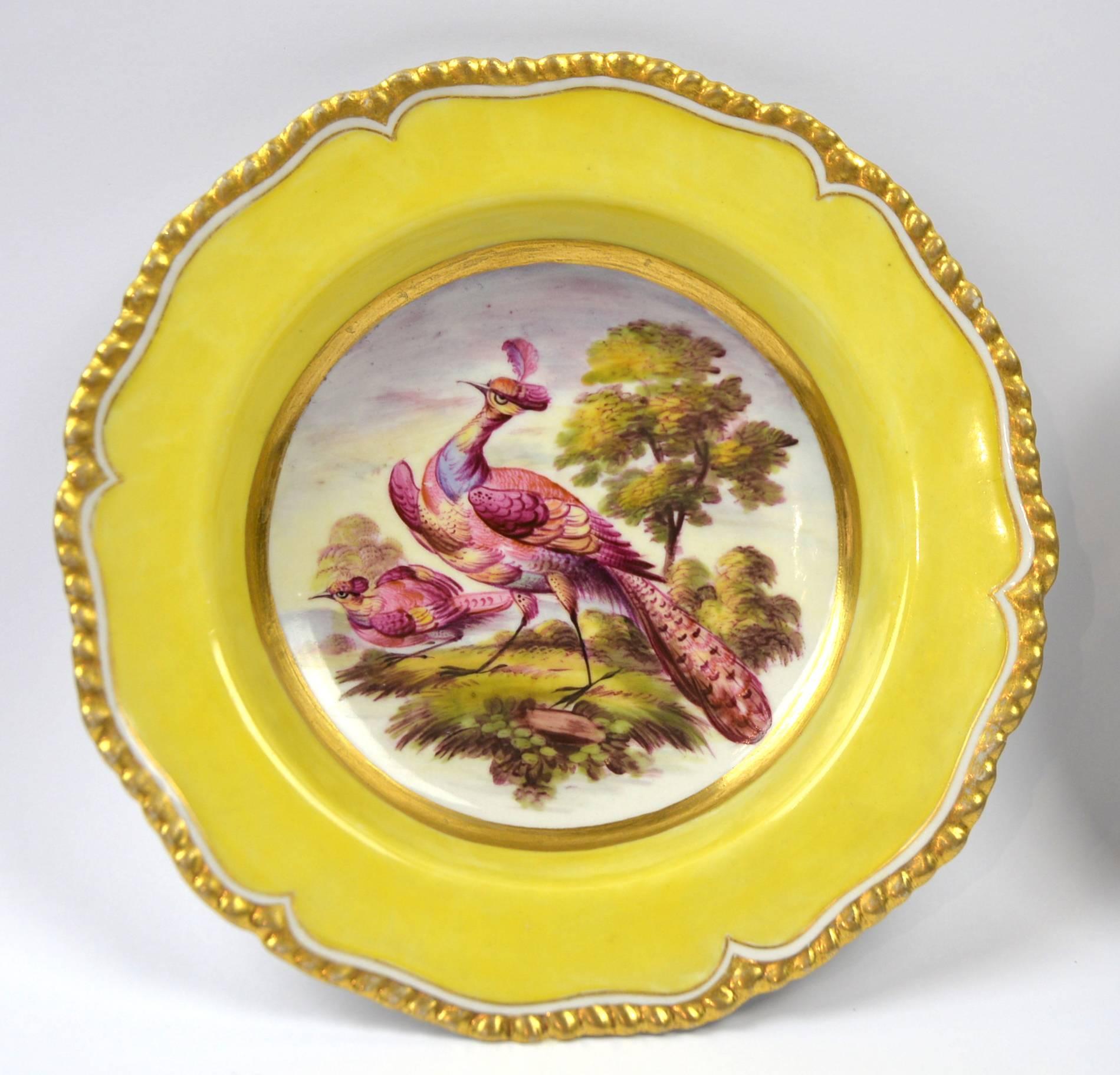 A fine and rare pair of flight barr and barr worcester side or berry plates, having a highly desirable yellow ground, hand-painted to the centre with exotic birds with gilded gadrooned rims, impressed 'FBB' surmounted by a crown to verso.