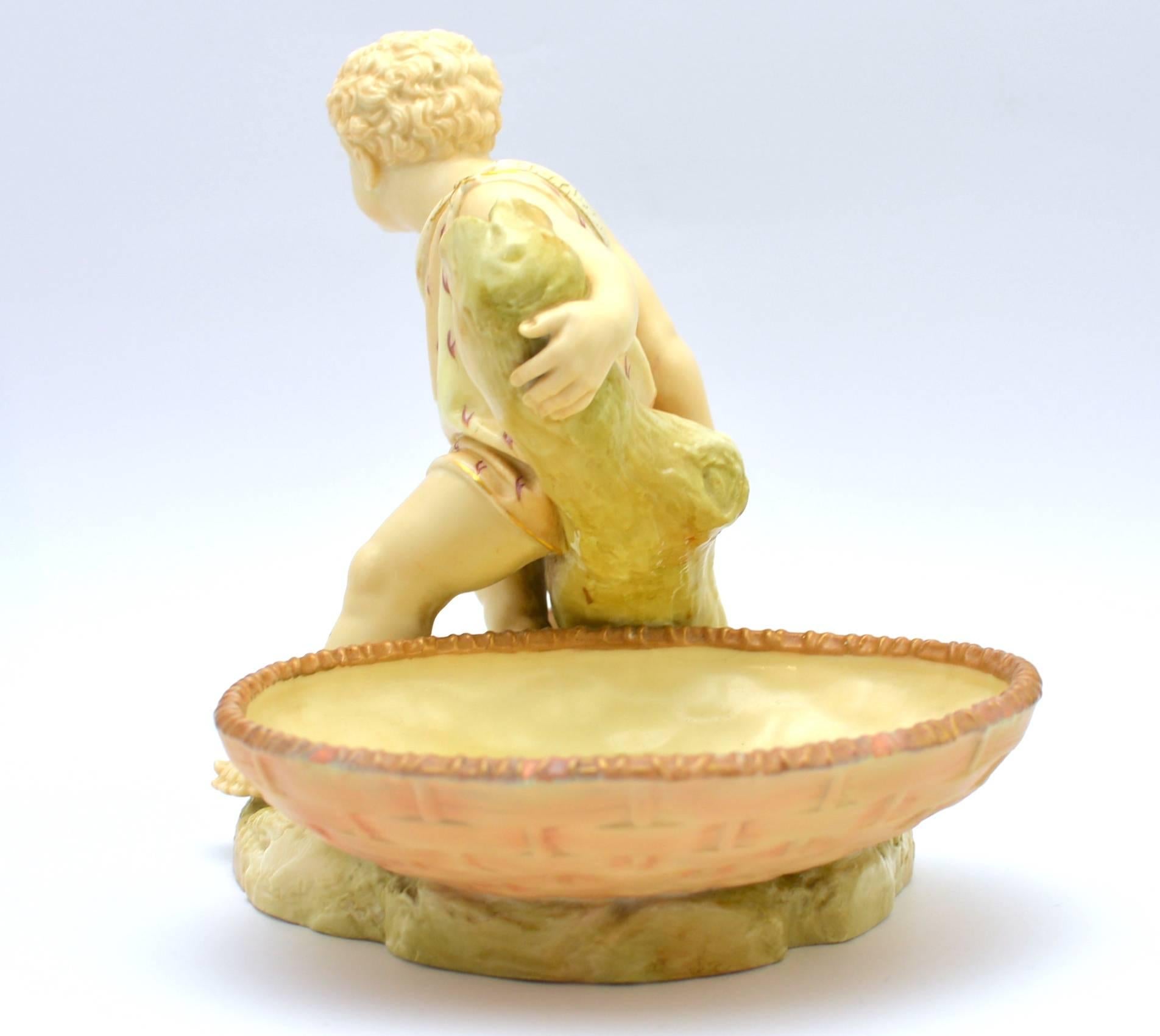 Representative of the continent of Australia, modelled by James Hadley, 1887, depicting a young Aboriginal boy with club, seated on a tree trunk, reminiscent of the young Hercules, a large oval basket beside him, impressed 'Hadley' to the back of