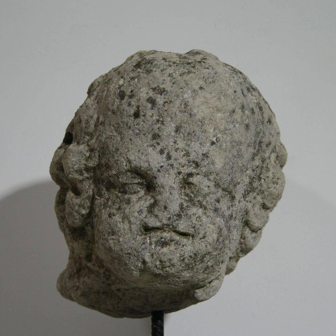 Baroque 17th-18th Century French Weathered Carved Stone Head of an Angel
