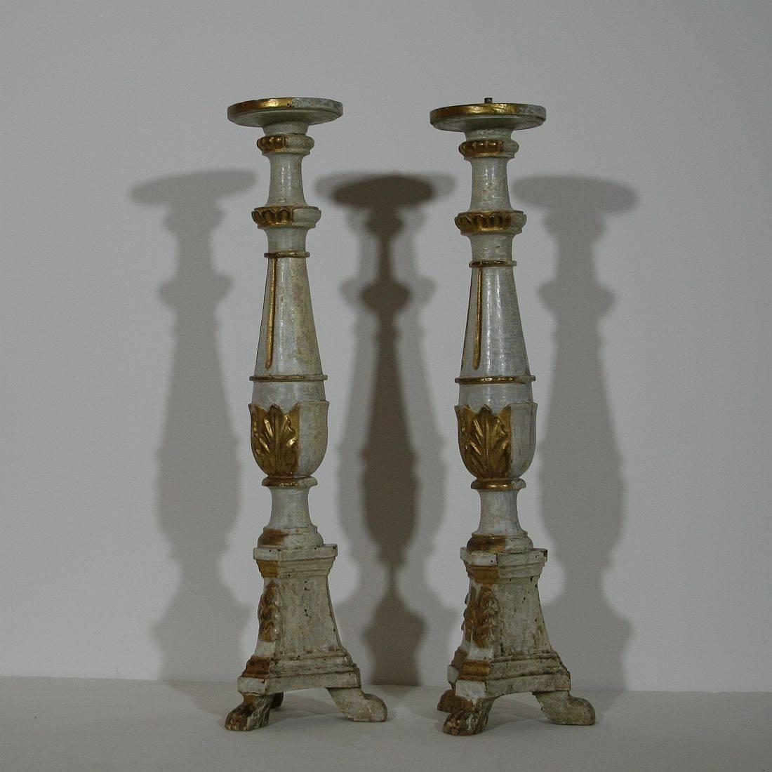 Carved Pair of 18th Century Italian Louis XVI Style Giltwood Altar Candlesticks