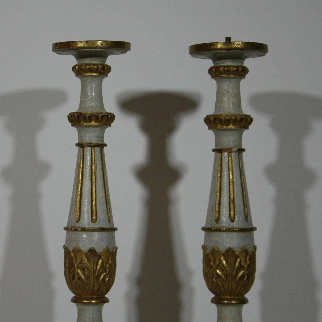 Wood Pair of 18th Century Italian Louis XVI Style Giltwood Altar Candlesticks