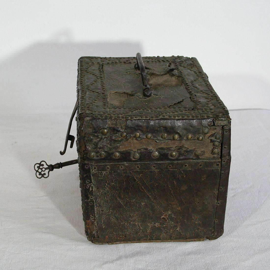 Forged Small 17th Century, French Coffer/Box in Leather