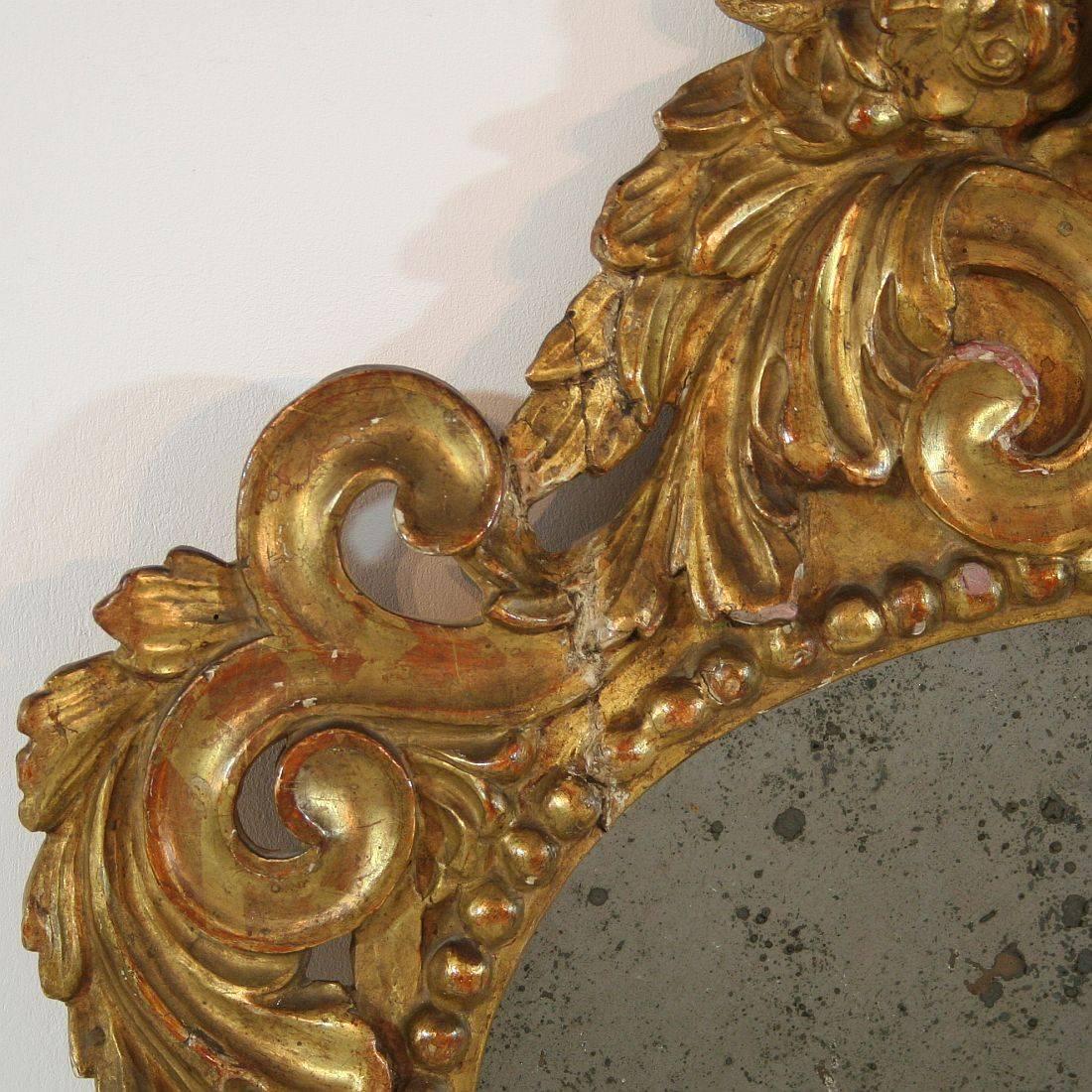 Carved Small 18th Century Italian Baroque Giltwood Mirror