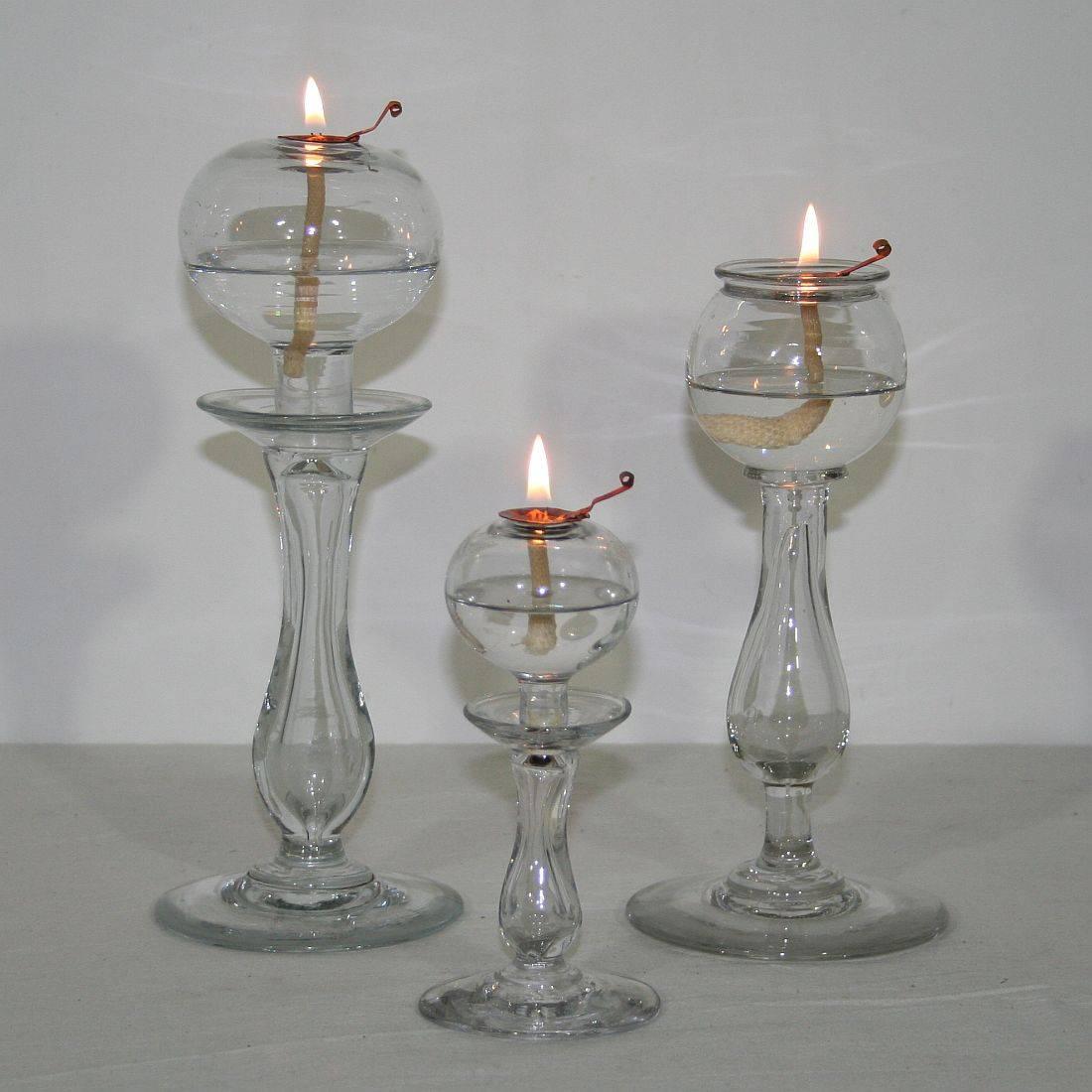 Rare collection of three handblown glass weaver oil lamps from the south of France, France, circa 1800-1900
Very good condition.