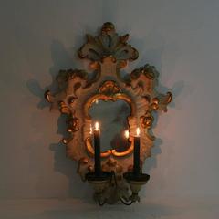 Italian 18th Century Carved  Wooden Baroque Girandole Mirror with Sconce