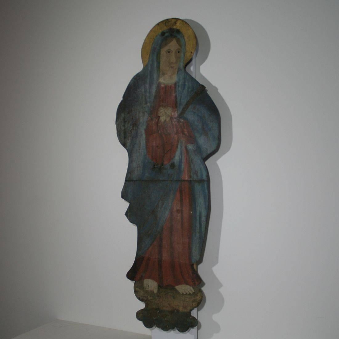 Unique Folk Art painting of a Madonna on a riveted sheet iron panel, France, circa 1750. Weathered.