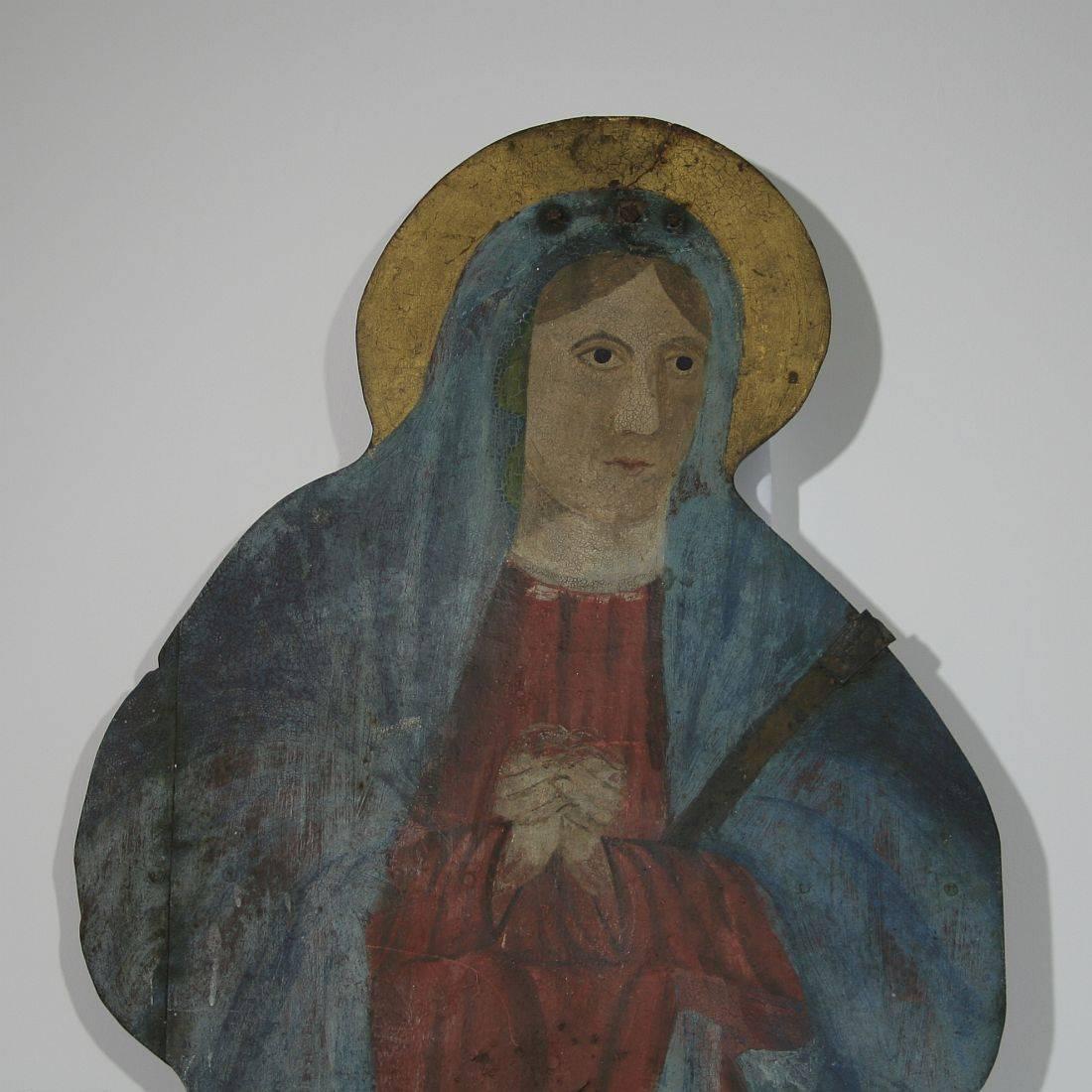 Large French 18th Century Painted Madonna on Sheet Iron In Good Condition In Buisson, FR