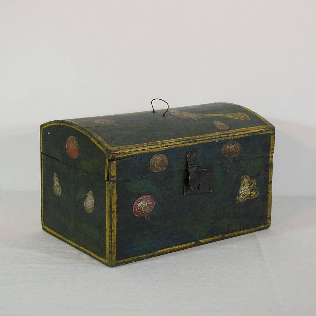 Beautiful painted wooden weddingbox with its original painted decor of a bird, flowers and wrought iron lock (no key). Weathered and small repairs.