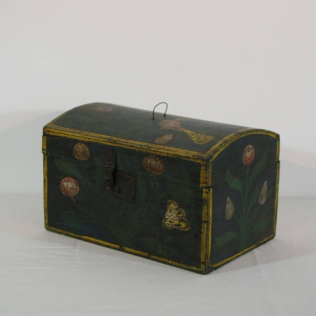 Painted 19th Century French Folk Art Weddingbox with a Bird from Normandy