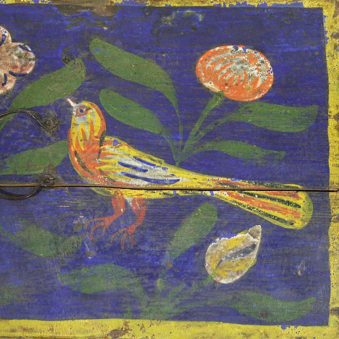 Painted wooden weddingbox with its original decor, the beautiful folk-art bird. Normandy, France, circa 1800-1850
Weathered and small repairs.