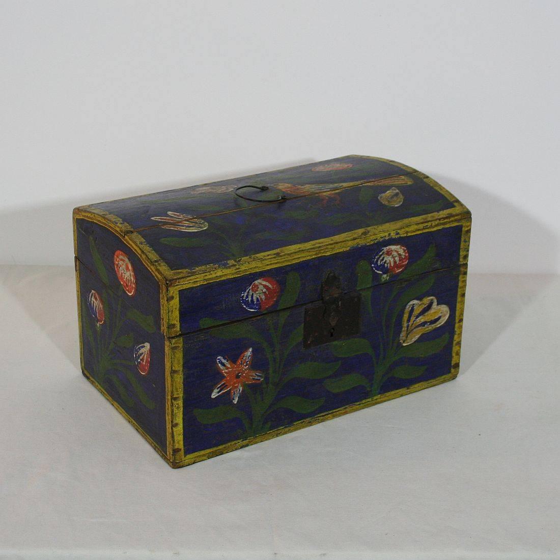 Painted 19th Century French Folk Art Weddingbox from Normandy with a Bird