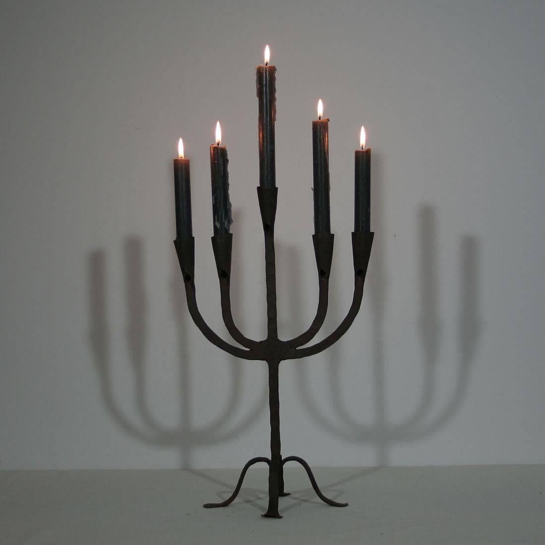 Nice Primitive and pure hand-forged iron candleholder for five candles
Spain, circa 1850. Weathered but in a very good condition.